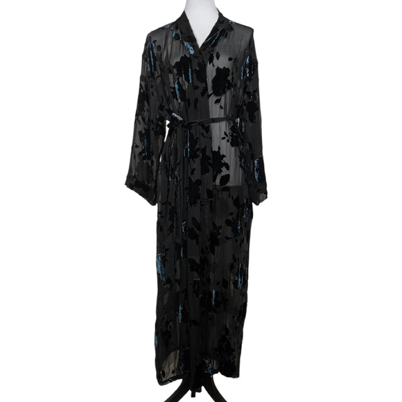VTG Lasoie Silk Blend Semi Sheer Robe Black w Floral Velvet Romantic Goth OS - Picture 2 of 10